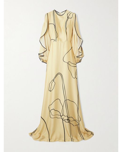 Costarellos Natural Priela Ruffled Cutout Floral-Print Satin Gown