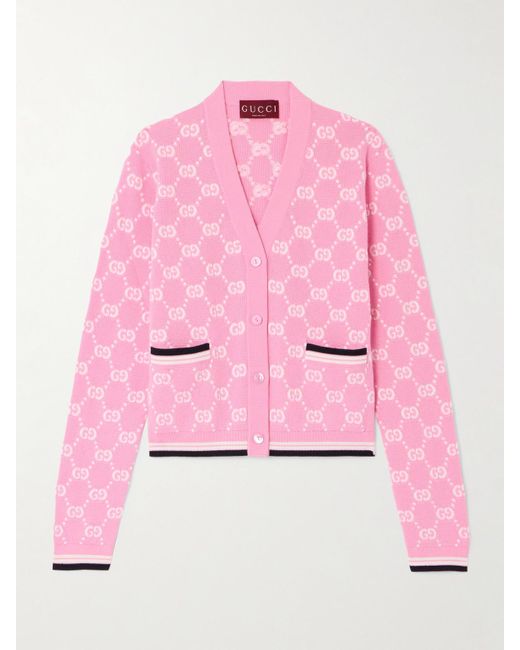 Gucci Pink Papiro Webbing-Trimmed Jacquard-Knit Cotton Cardigan