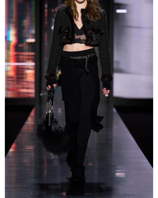 Dolce & Gabbana Black Cropped Shearling-Trimmed Cotton-Blend Tweed Jacket