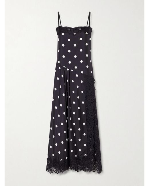 Sportmax Blue Polka-Dot Pleated Lace-Trimmed Silk Maxi Dress