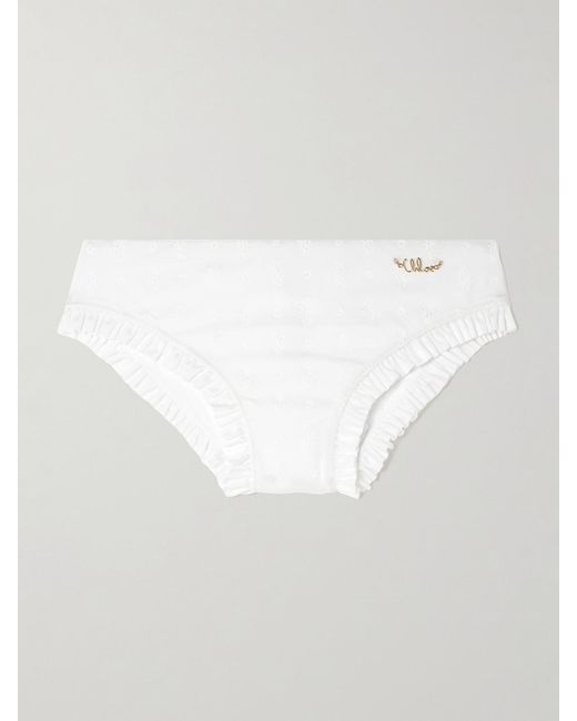 Chloé White Embellished Ruffled Broderie Anglaise Bikini Briefs