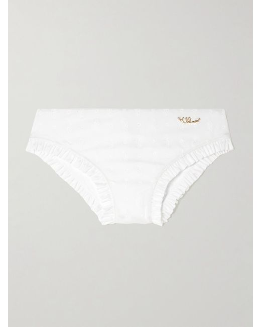Chloé White Embellished Ruffled Broderie Anglaise Bikini Briefs