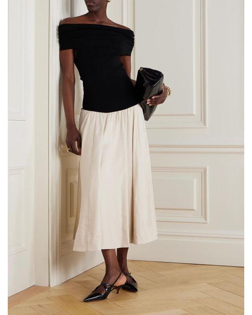 Jonathan Simkhai Black Adaline Schulterfreies Midikleid Aus Einer Leinenmischung Und Recyceltem Glänzendem Jersey