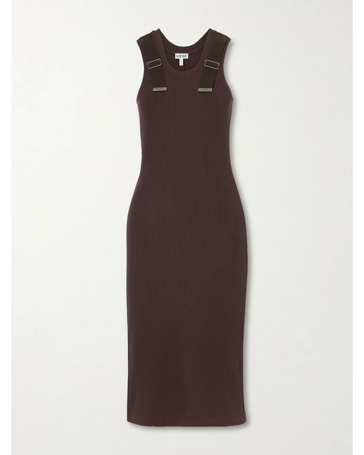 Loewe Brown Embellished Ribbed Stretch-Cotton Midi Dress