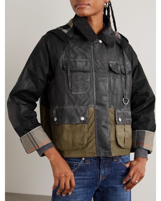 Barbour Black Liza Hooded Paneled Waxed-Cotton Jacket