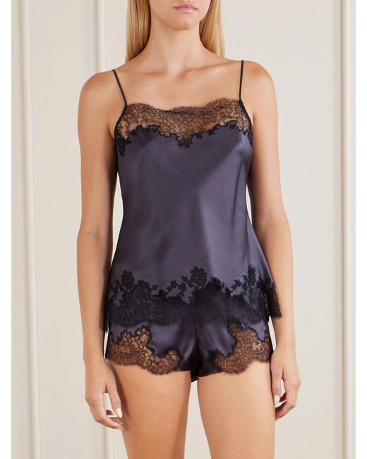 Carine Gilson Purple Lace-Trimmed Silk-Satin Camisole