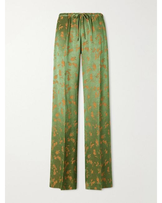 Dries Van Noten Green Floral-Jacquard Satin Wide-Leg Pants