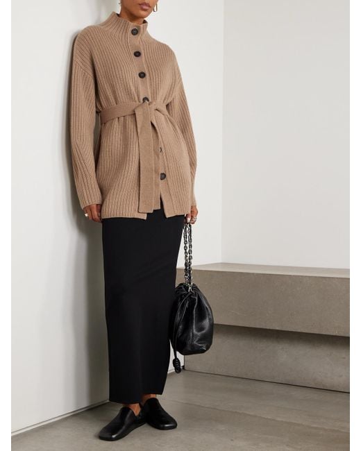 LeKasha Natural Cotai Belted Ribbed Organic Cashmere Cardigan