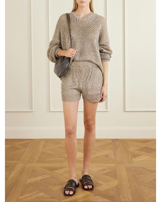 Brunello Cucinelli Natural Sequined Crocheted Cotton Mini Shorts
