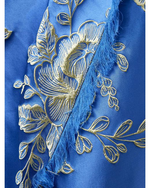 Etro Blue Off-The-Shoulder Fringed Floral-Brocade Midi Wrap Dress