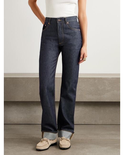 Bottega Veneta Blue Intrecciato Suede-Trimmed High-Rise Straight-Leg Jeans