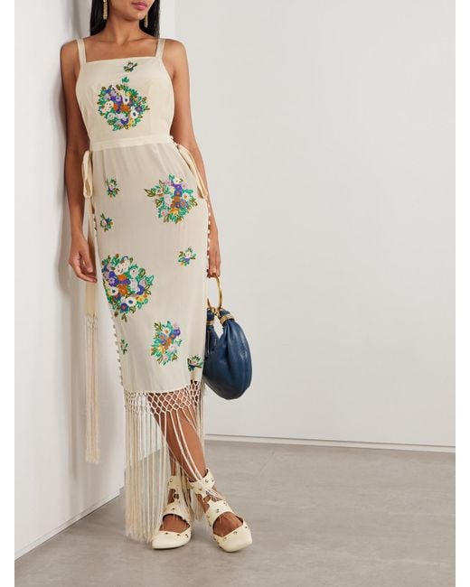 Bode Natural Fringed Embroidered Silk Crepe De Chine Midi Dress