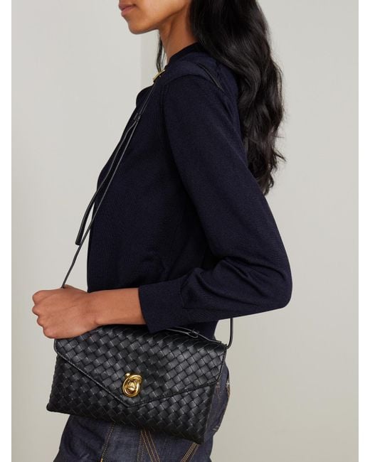 Bottega Veneta Black Knot Lock Medium Intrecciato Leather Shoulder Bag