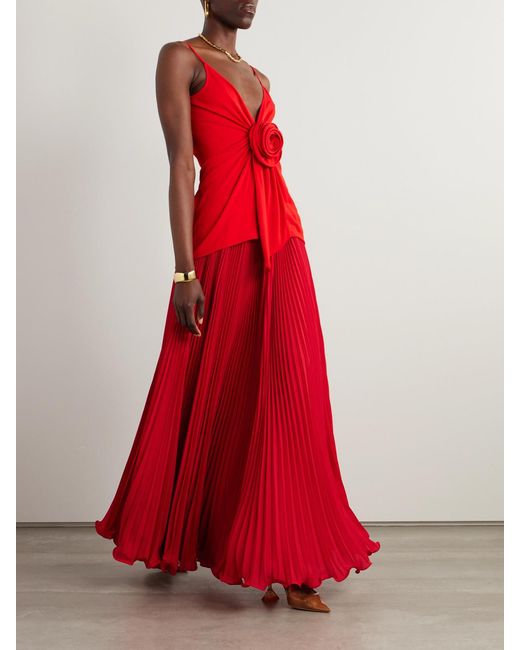 Balmain Red Pleated Crepe Maxi Skirt