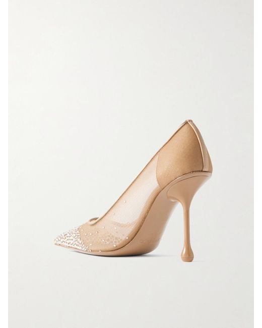 Jimmy Choo Natural Ixia Satin-Trimmed Crystal-Embellished Mesh Pumps