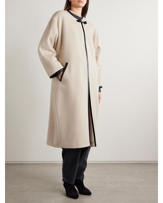 Isabel Marant Natural Elza Oversized Faux Leather-Trimmed Wool-Blend Felt Coat