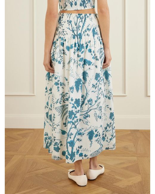 Erdem Blue Shirred Floral-Print Cotton And Linen-Blend Midi Skirt
