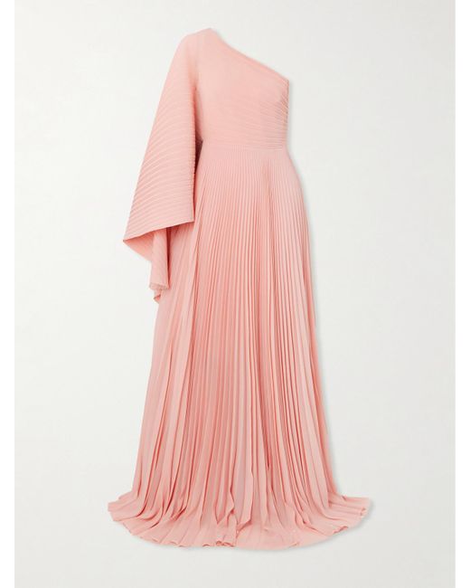 Solace London Pink Maci One-Shoulder Pleated Chiffon Gown