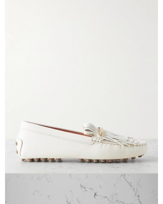 Tod's Natural Gommino Embellished Fringed Leather Loafers
