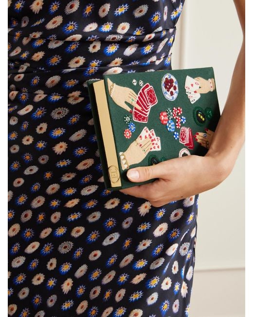Olympia Le-Tan Green The Queen Of Cards Embroidered Canvas Clutch