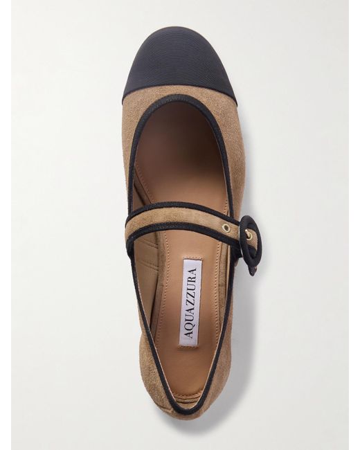 Aquazzura White Amour Grosgrain-Trimmed Suede Mary Jane Ballet Flats