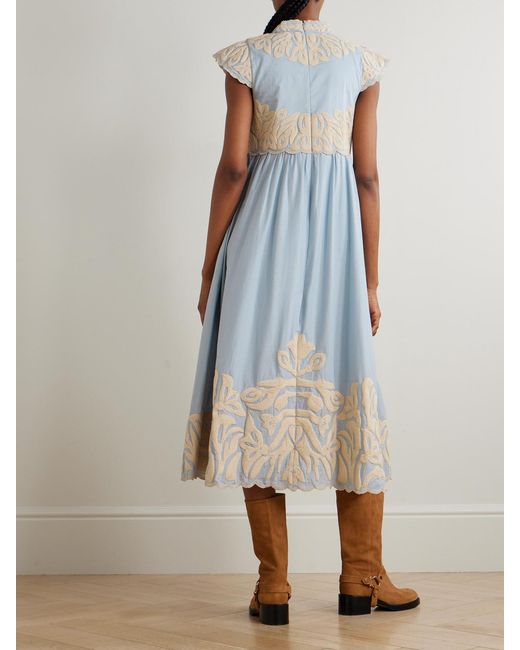 Sea Blue Alexandra Scalloped Embroidered Cotton Midi Dress