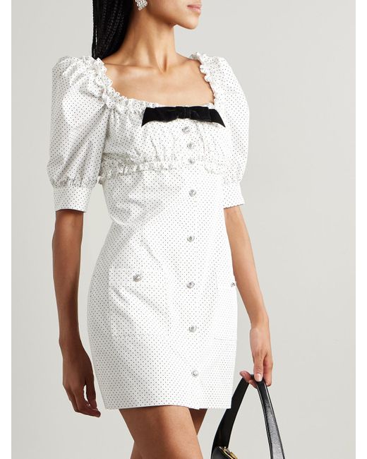 Alessandra Rich White Velvet-Trimmed Ruffled Polka-Dot Cotton-Poplin Mini Dress