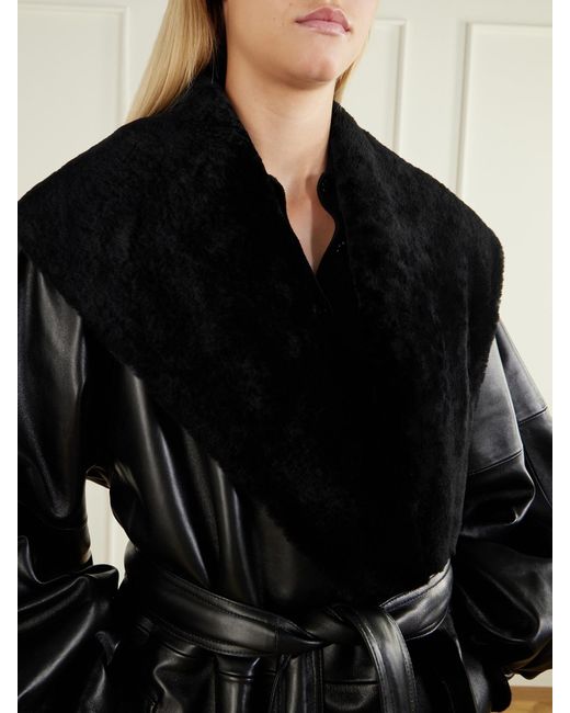 Magda Butrym Black Belted Plush-Trimmed Leather Coat
