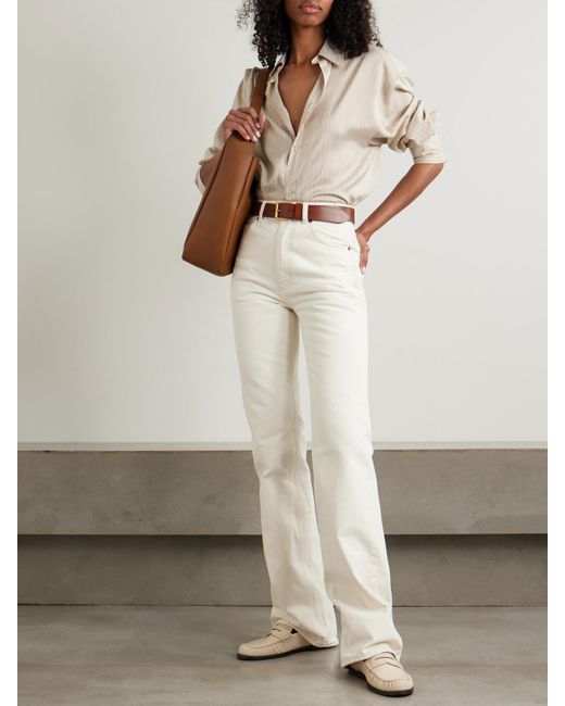 Saint Laurent White Hemd Aus Gestreifter Seide Mit Stickerei