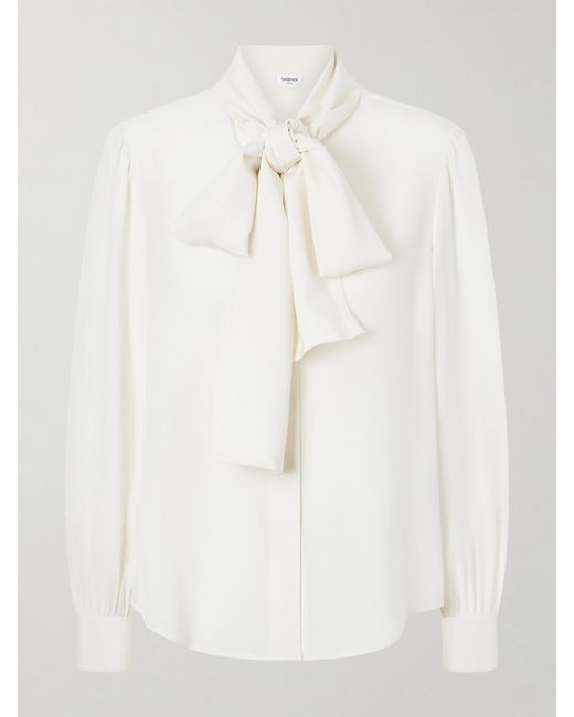 Saint Laurent Natural Tie-Detailed Silk Crepe De Chine Blouse