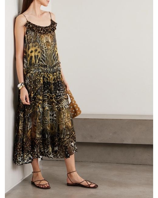 Camilla Multicolor Ruffled Tiered Leopard-Print Embellished Fil Coupé Midi Dress