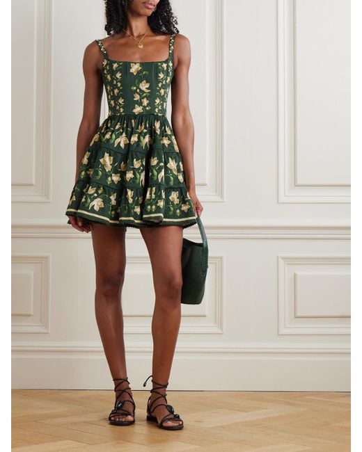 Agua Bendita Green Granadilla Minikleid Aus Einer Baumwollmischung Mit Blumenprint Und Teilungsnähten