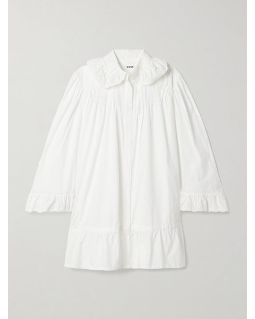 Bode White Petaluma Crochet-Trimmed Pintucked Cotton-Poplin Mini Shirt Dress