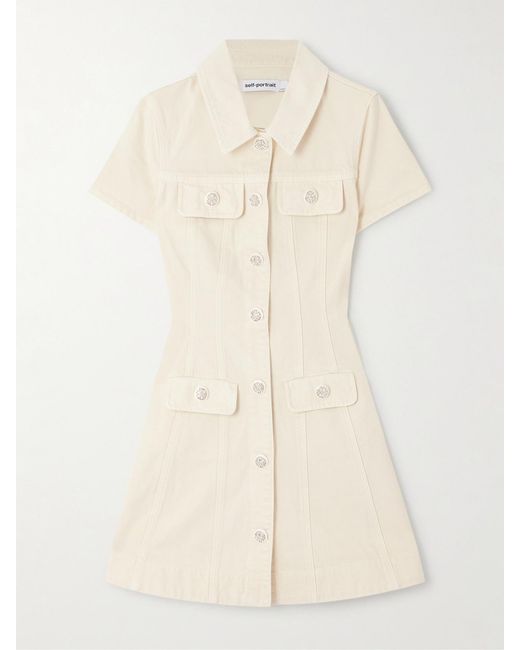 Self-Portrait Natural Crystal-Embellished Denim Mini Shirt Dress