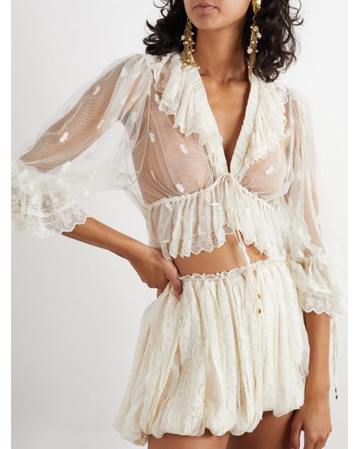 Chloé Natural Cropped Ruffled Embroidered Mesh Blouse
