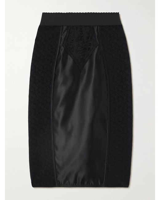 Dolce & Gabbana Black Paneled Satin And Lace Midi Skirt