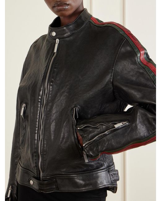 Gucci Black Biker Web-Trimmed Full-Grain Leather Jacket