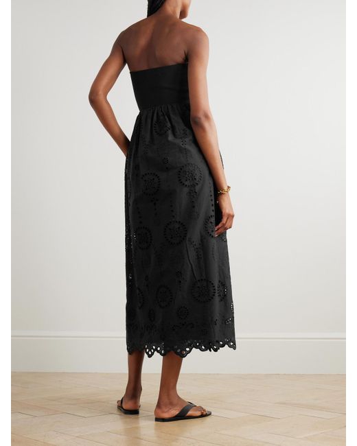Matteau Black Strapless Broderie Anglaise Organic Cotton And Stretch-Knit Midi Dress
