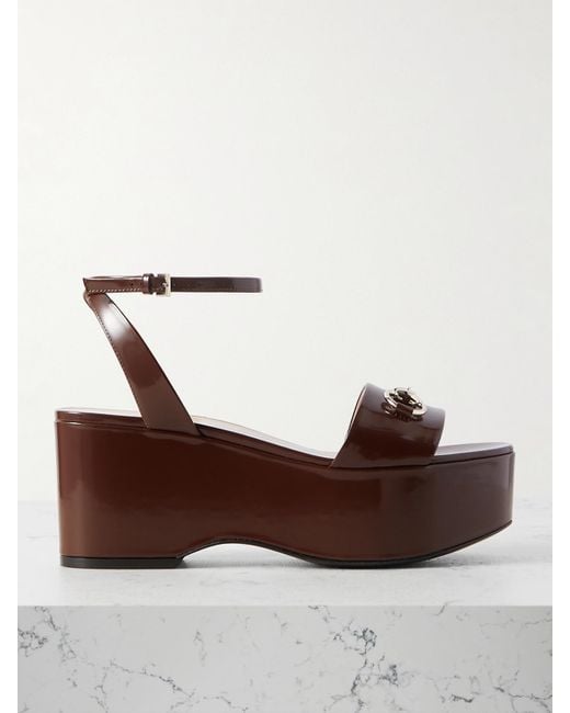 Gucci Brown Lady Horsebit-Embellished Patent-Leather Platform Sandals