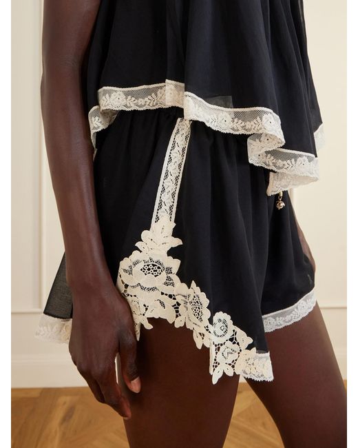 Zimmermann Black Roselight Lace-Trimmed Cotton And Silk-Blend Shorts