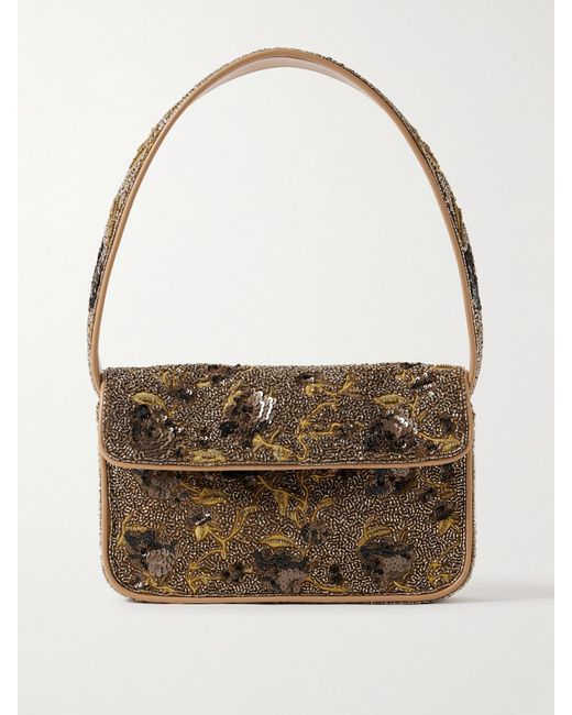 Staud Brown Tommy Sequin-Embellished Beaded Satin Shoulder Bag