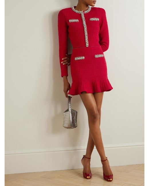 Self-Portrait Red Crystal-Embellished Waffle-Knit Mini Skirt