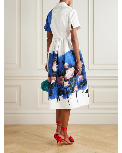 Erdem Blue Gathered Floral-Print Cotton-Blend Faille Midi Dress