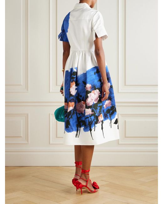 Erdem Blue Gathered Floral-Print Cotton-Blend Faille Midi Dress