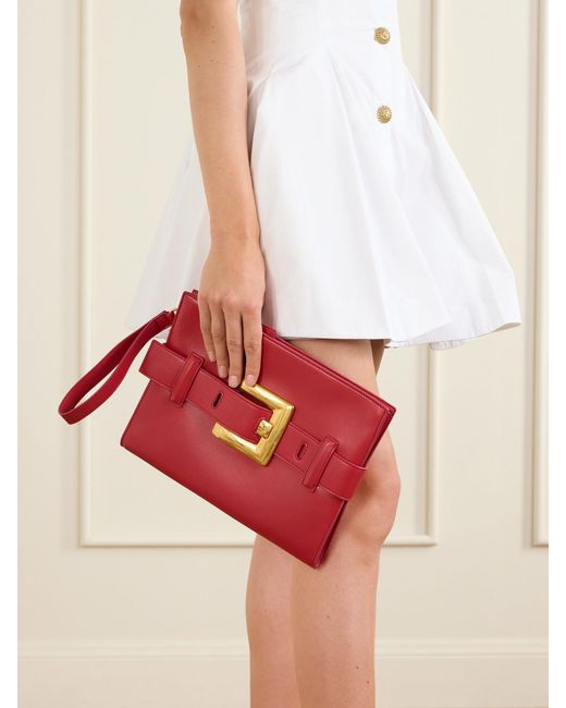 Balmain Red Anthem Buckled Leather Clutch