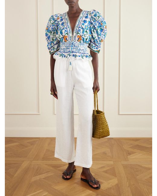 Farm Rio Blue Flora Tile Shirred Floral-Print Cotton-Poplin Blouse