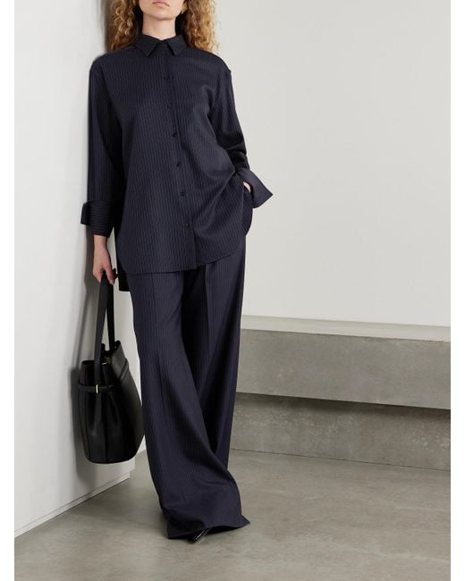 Another Tomorrow Blue Pinstriped Wool-Blend Shirt