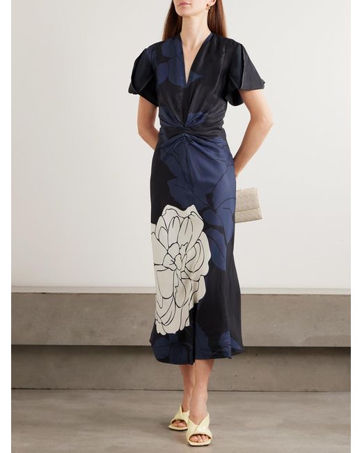 Victoria Beckham Blue Eve Layered Gathered Floral-Print Satin Midi Dress