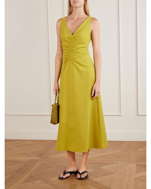 La Ligne Yellow Noemi Gathered Recycled-Crepe Midi Dress