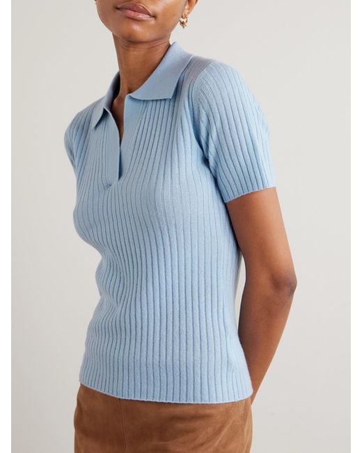 arch4 Blue Jennifer Ribbed Organic Cashmere Polo Shirt